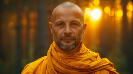 Naklejka premium A happy, peaceful Caucasian monk stands against the backdrop of a Chinese monastery.