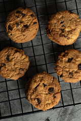 Freshly baked chocolate chip cookies.