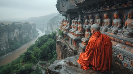 Caucasian monk in a Chinese monastery prays at an ancient wall with carved images of Buddha, immersed in his thoughts and prayers