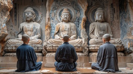 Obraz premium Caucasian monk in a Chinese monastery prays at an ancient wall with carved images of Buddha, immersed in his thoughts and prayers