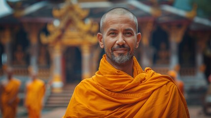 Fototapeta premium A happy, peaceful Caucasian monk stands against the backdrop of a Chinese monastery.