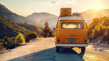 Vintage camper van with luggage box on top driving on road in wilderness