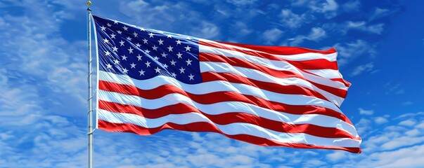 An American flag with a bright blue background, making the stars and stripes stand out sharply.