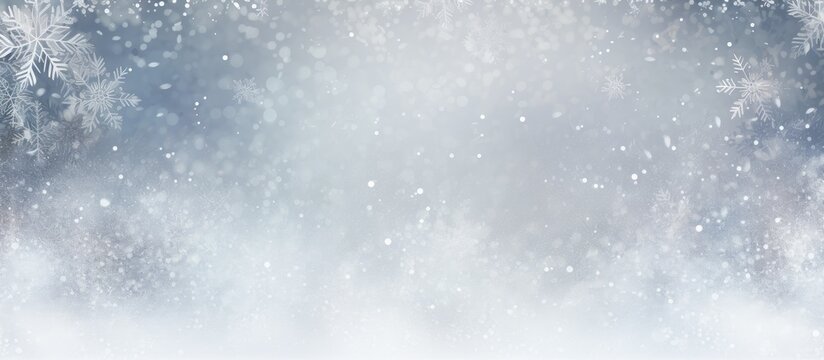 Copy space image of a festive winter party invitation featuring an abstract background adorned with white and silver glitter sparkle