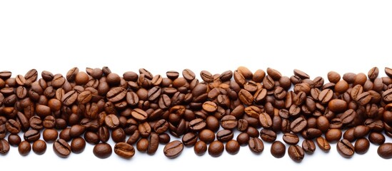 Fototapeta premium A frame of brown coffee beans isolated on a white background creating a coffee border Ideal as a copy space image