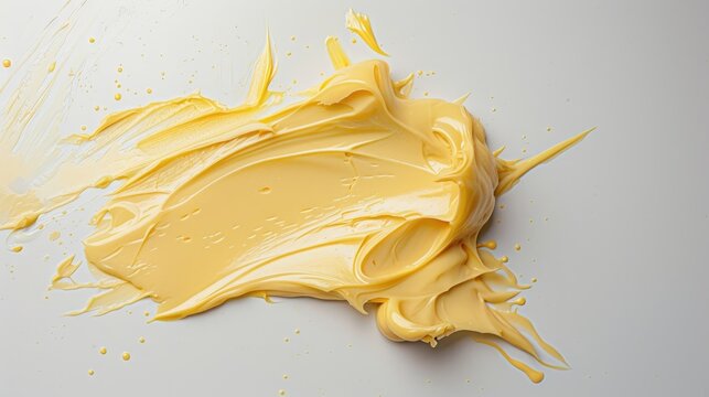 Yellow cosmetic cream stain on white background with body butter and clay cosmetic product