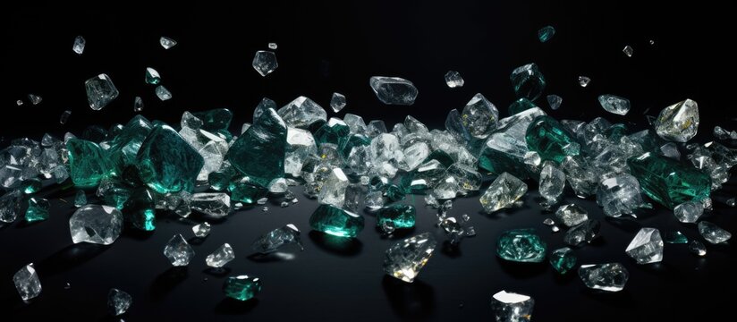 Scattered diamonds on a black background Raw diamonds and mining a scattering of natural diamond stones Graphite quartz Natural stones and minerals Stone green Emerald beryl A striking copy space ima