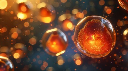 Abstract visualization of glowing cells or molecules floating in a colorful, illuminated environment.