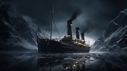 a small ship portrayed with black and white