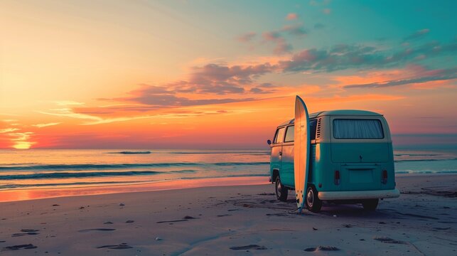Vintage camper van with surfing board at sea beach in summer vacation