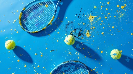 A conceptual photography still life featuring tennis rackets and balls arranged on a blue background, splattered with paint