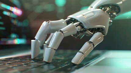 A robotic cyborg hand is shown pressing a keyboard on a laptop in a 3D rendering highlighting the integration of technology in daily tasks
