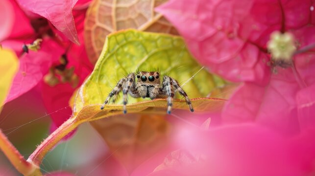 Constructing a shelter a spider is nestled between two bougainvillea leaves