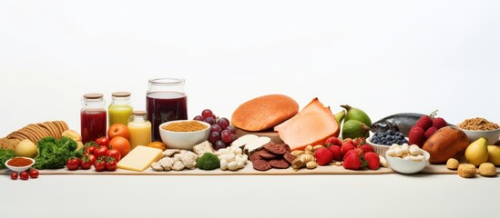 A variety of food items arranged on a white background with ample space around them for an image