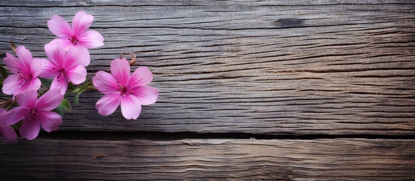 A copy space image featuring a solitary pink stock flower set against a rustic wooden backdrop