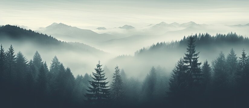 Vintage hipster style mountain landscape with misty fog fir forest and plenty of copy space image available