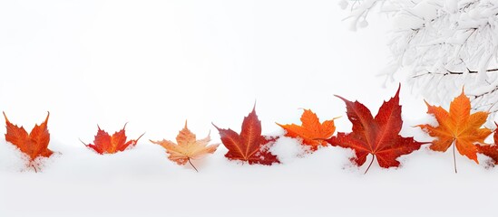 A copy space image capturing the transition from autumn to winter with maple leaves gracefully resting on a pristine white snow background