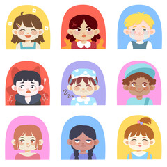 Kids faces illustration flat expression for learning set