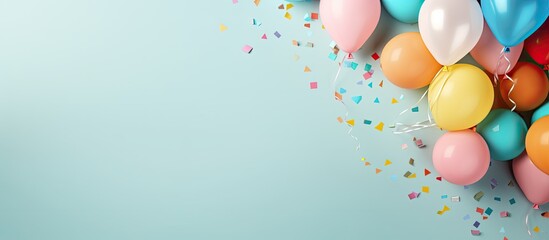 Colorful party decorations including an invitation card scattered on a pastel geometric background creating a visually appealing copy space image