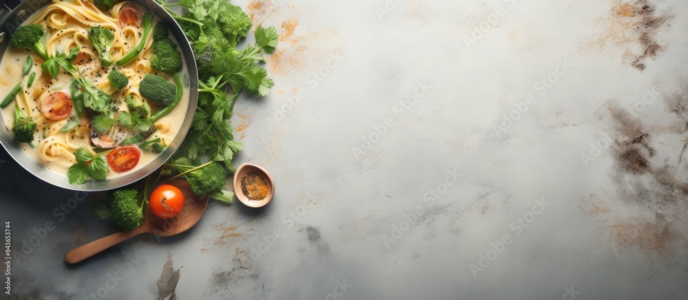 Aufkleber pasta with green vegetables and creamy sauce in copper saucepan grey stone background top view. copy