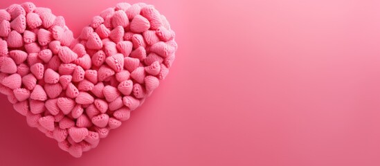 Fototapeta premium Valentine day concept Cute pink heart shape made from cotton and smaller hearts are on the bright red background love theme Copy space background