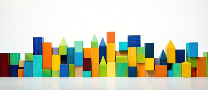 Colorful wooden blocks lying and standing Cuboid and triangle in green yellow and blue blocks isolated on a white background. copy space available