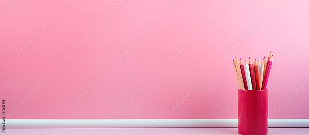 Aufkleber Pink paper on a pink background with a colored pencil to color the world Minimal flat lay. copy space available