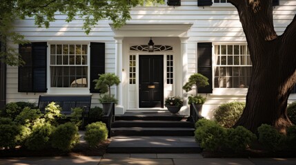 Black front door of white house, tree and bench