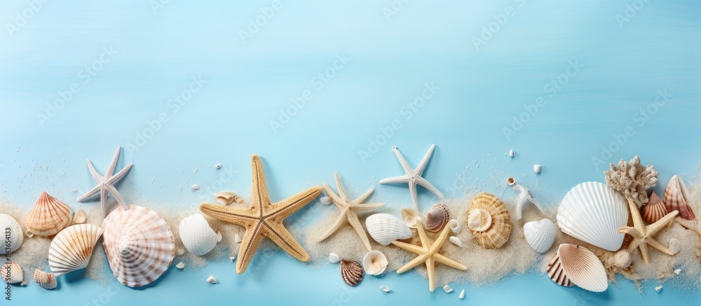 Poster a summer themed composition featuring a marine backdrop with various seashells and starfish arranged