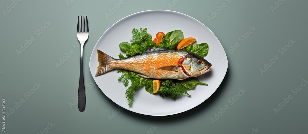 Poster Leafy salad with red fried fish and orange on a white plate with a fork on a grey background Background image copy space
