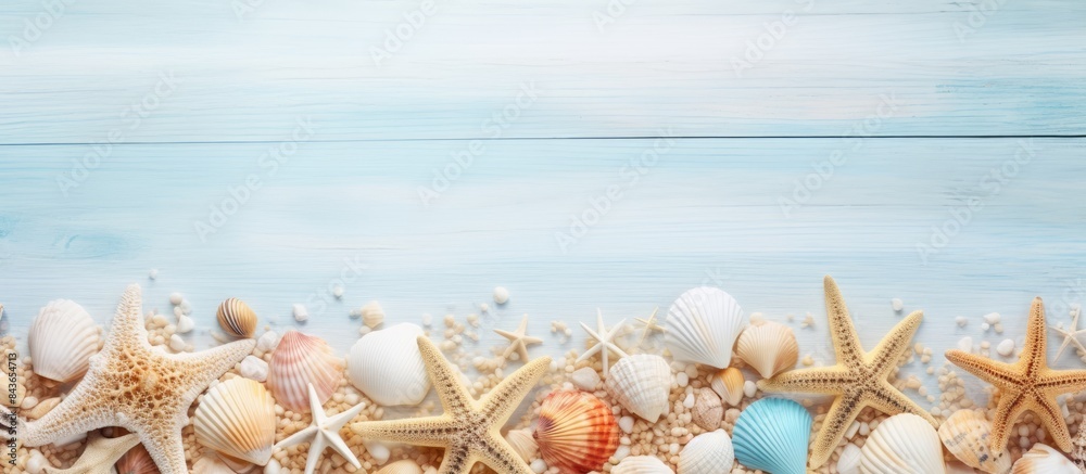 Poster Summer time concept Flat lay composition with beautiful starfish and sea shells on colored table top view with copy space for text