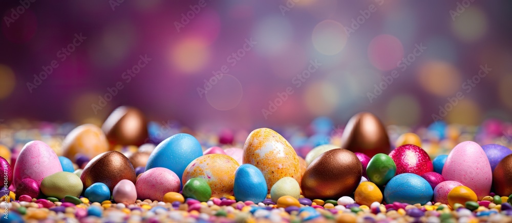 Aufkleber Different chocolate Easter eggs and candies on color background. copy space available