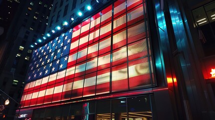 Obraz premium A beautifully lit American flag displayed on a building during an evening Independence Day celebration.