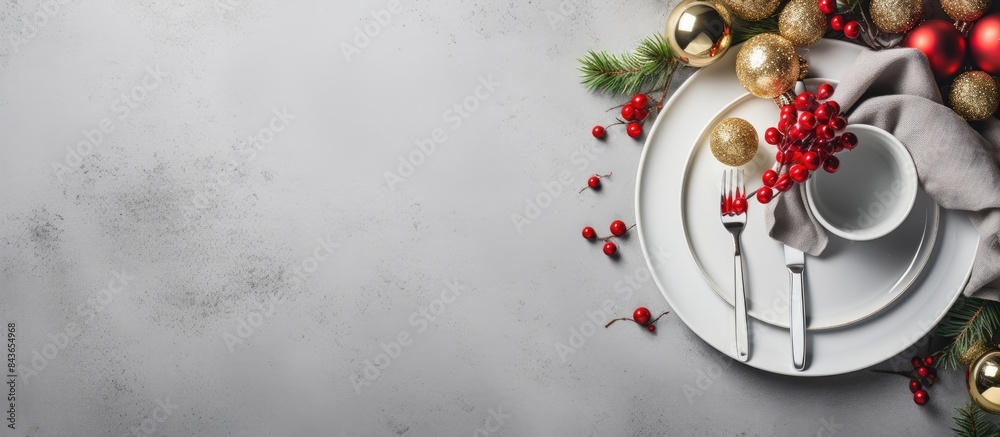 Poster christmas table setting with festive decorations on light grey background with copy space holidays b