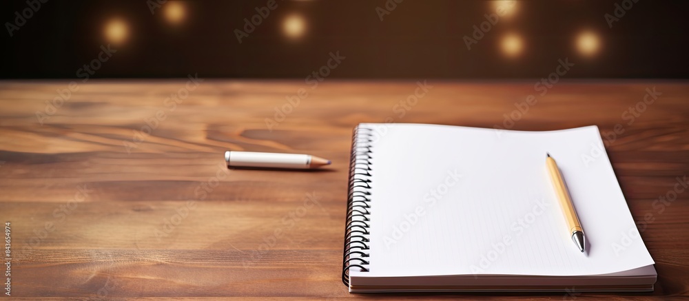 Poster Pen and open notepad with blank page on wood table. copy space available