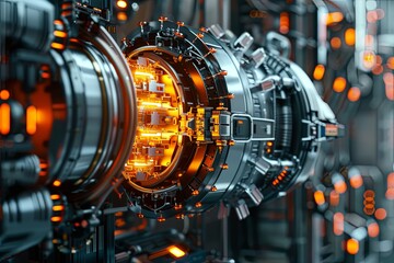 Futuristic Energy Core: Advanced Device with Glowing Tubes and Holographic Data Displays, Industry Innovation Rendered