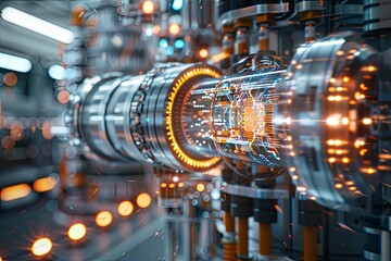 Futuristic Energy Core: Advanced Device with Glowing Tubes and Holographic Data Displays, Industry Innovation Rendered