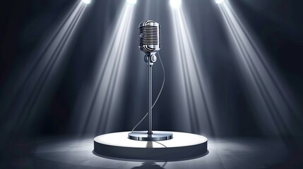 Realistic vector metallic microphone stands are positioned on an empty round white stage illuminated by white beams of spotlights isolated on a dark background This serves as a template
