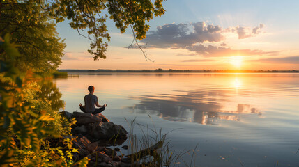 person meditating by a calm lake at sunset, tranquil and serene natural scene