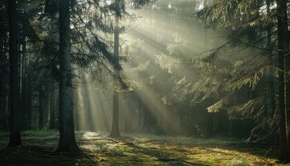 Fototapeta premium Spectacular sun rays shining through woods and tree in the dense forest. Green and lust forest on a beautiful summer day