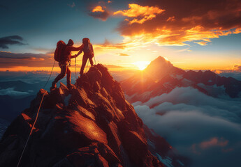 Hikers Assisting Each Other to Reach Mountain Summit at Sunset