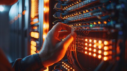 An IT service person's hands connect the Lan cable inside the proxy panel to turn on the building's electrical system