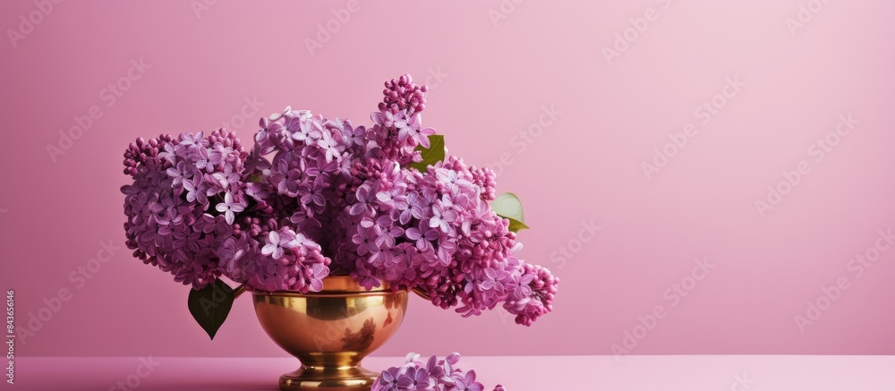 Poster on a pink background a bronze vase in the form of a cone and in it a bouquet of lilac. copy space available