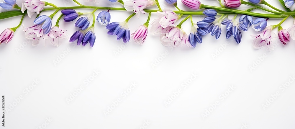 Poster spring decoration frame of flowers white snowdrops blue scilla violet pink hollowroot on a white bac