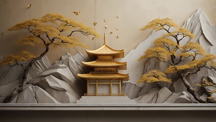 Volumetric stucco molding on a concrete wall with golden elements, Japanese landscape, waterfall, mountains