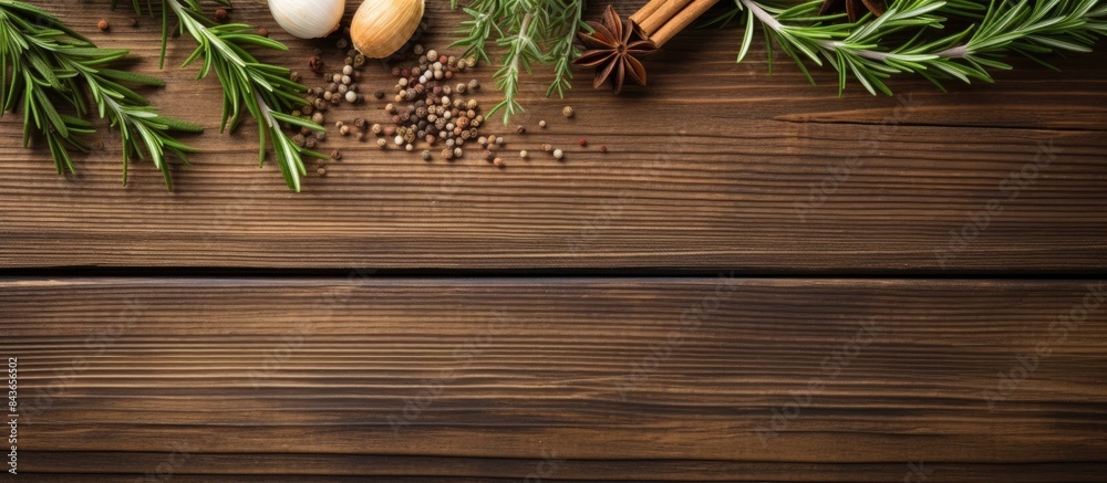 Poster sprigs of fresh fragrant rosemary in a bunch and other spices on a brown wooden background copy spac