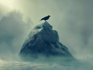 A crow is perched on a large rock in a foggy, misty landscape. Concept of mystery and solitude, as the lone bird stands atop the rocky outcropping, seemingly undisturbed by its surroundings - Powered by Adobe