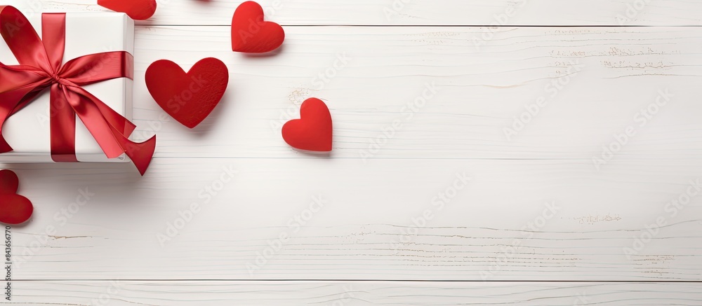 Poster valentine or other holiday handmade present in paper with red hearts and gifts box in holiday wrappe