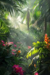 Beautiful colorful flowers in deep tropical rainforest with green plants, moss, ferns.