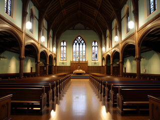Fototapeta premium Grand Church Interior with High Ceilings and Wooden Architecture
